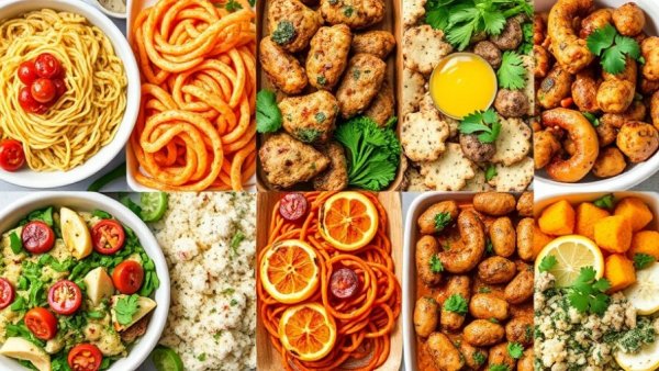 High-protein high-fiber diet meal plan with diverse dishes.