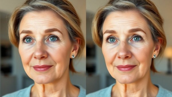 Before and after facial exercises comparison showing improvement.