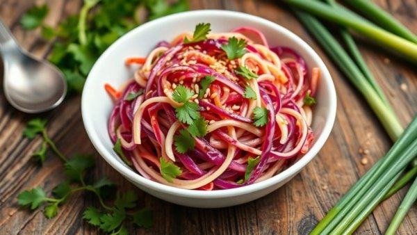 Crunchy cabbage salad with chicken in white bowl on rustic table.