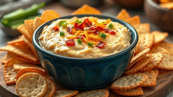 High protein crack dip in blue bowl with crackers.