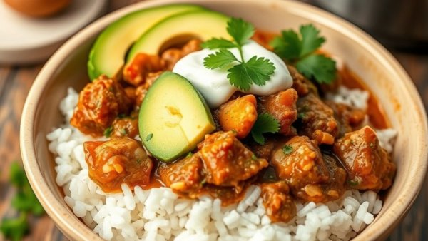 Healthy slow cooker green chili pork stew with avocado, rice, and cilantro.
