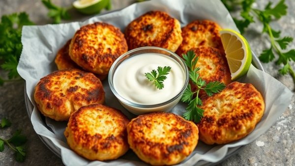 Kid-Friendly Salmon Patties with lime and dip on a platter.
