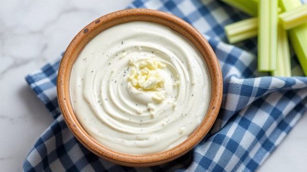 Creamy homemade blue cheese dressing with celery and blue cloth.