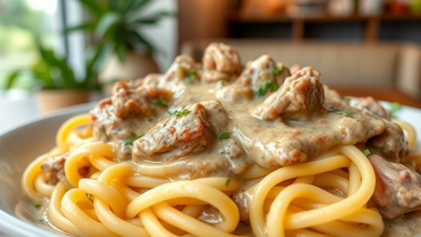 Creamy Slow Cooker Beef Stroganoff garnished with parsley.