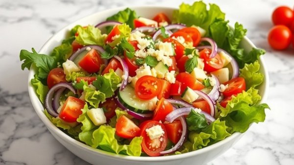 Italian chopped salad with fresh ingredients on marble table.