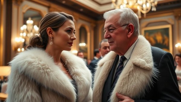 Elegant scene with woman in fur coat greeting man in suit at event.