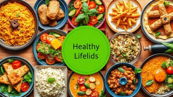 Bright collage of healthy meal plan dishes, vibrant and appetizing.