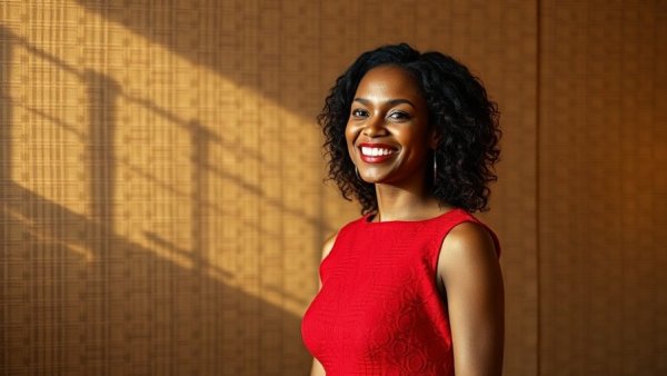 Elegant woman smiling in red dress with metallic wall backdrop.
