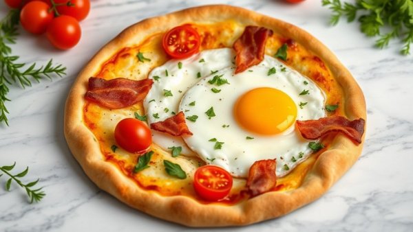 Healthy breakfast pizza with egg, bacon, and tomatoes.