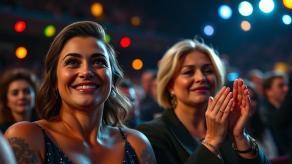 Celebrity reactions at Grammys 2026; one smiling, one teary-eyed.