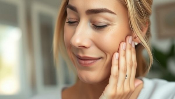 Woman applying antioxidant facial moisturizer with serene expression