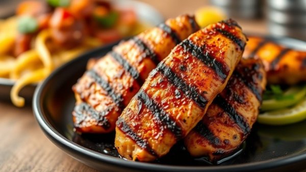 Grilled chicken tenders with marinade on a plate.