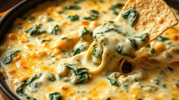 Healthy spinach artichoke dip with tortilla chip, close-up view.