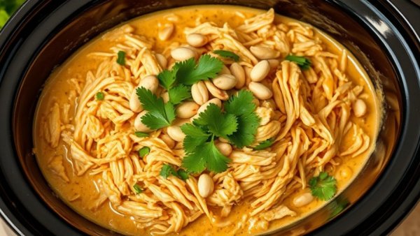 Slow Cooker Peanut Chicken with cilantro and peanuts.