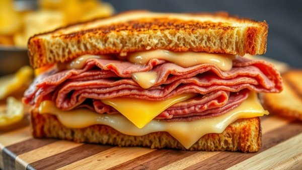 Classic Reuben sandwich with corned beef and cheese on rye.