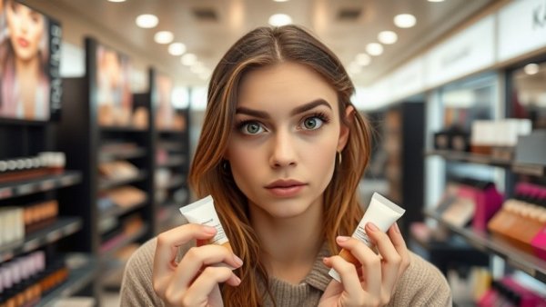 Foundation vs Tinted Moisturizer choice, young woman in makeup store.