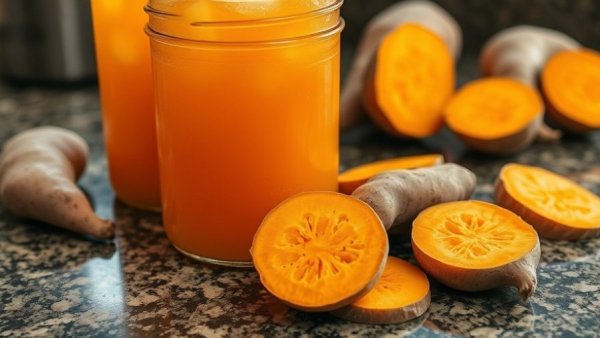 Jar of sweet potato soda with cut sweet potatoes on a granite countertop.