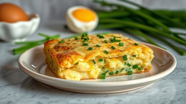 Golden potato cheddar chive bake on a plate, healthy recipe.
