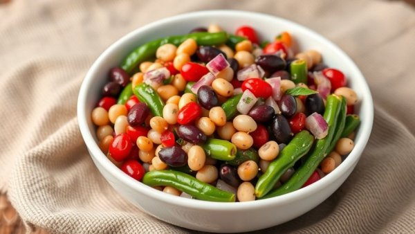 Colorful three bean salad in white bowl on cloth background.