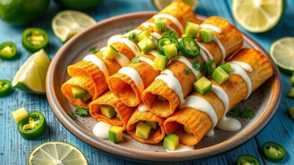 Crispy breakfast taquitos with toppings on a rustic plate.