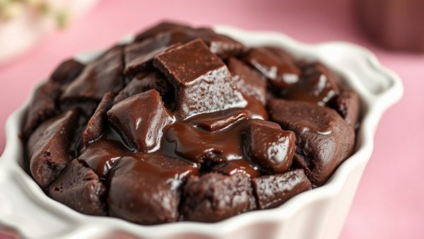 Healthy dark chocolate bread pudding in a white dish with melted chocolate.
