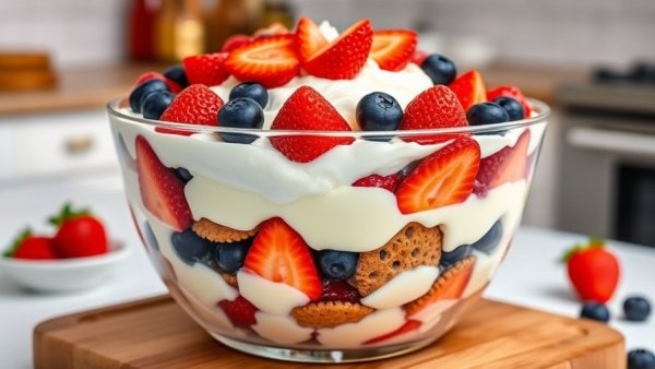 Easy berry trifle recipe: layered dessert with fruit in glass bowl.
