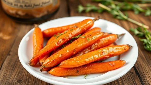 Delicious maple roasted carrots on rustic table setting