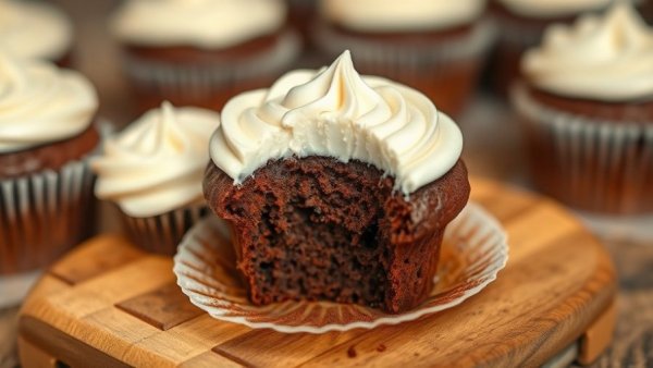 Easy chocolate cupcake with frosting and bite taken out.