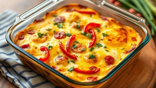 Colorful brunch egg bake with fresh herbs and peppers.