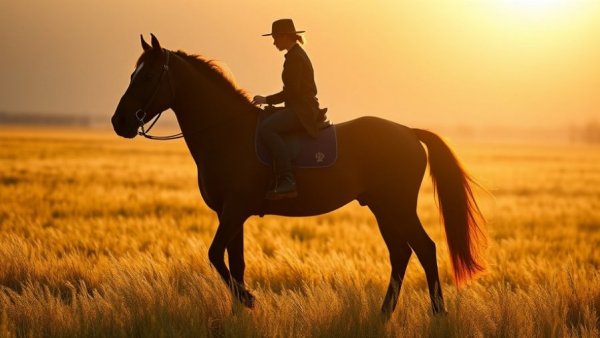 Silhouetted horse and rider in a sunlit field, rituals for the Year of the Fire Horse.