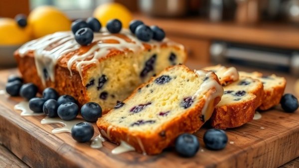 Lemon blueberry loaf with icing and blueberries on a board