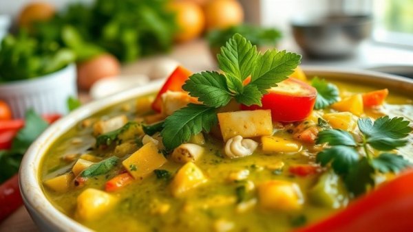 Vibrant Thai green curry recipe with fresh veggies and herbs.