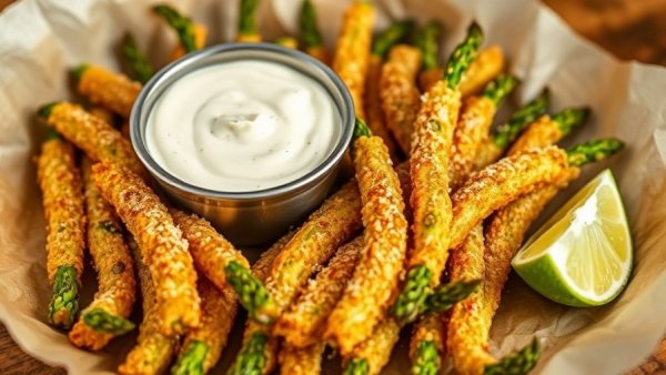 Crispy Parmesan Asparagus Fries with dip and lime.