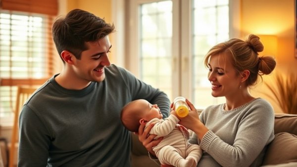 Elsie Hewitt breastfeeding decision; couple with baby and man bottle-feeding.