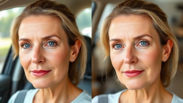 Facial exercises for sagging face: before and after comparison of middle-aged woman.