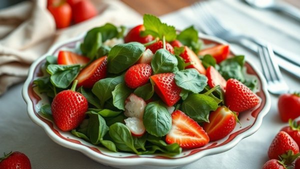Vibrant strawberry spinach salad in a decorative bowl with pecans and cheese.