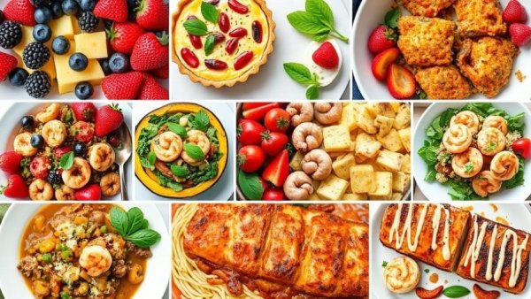 Colorful healthy meal plan collage with diverse dishes and bright presentation.