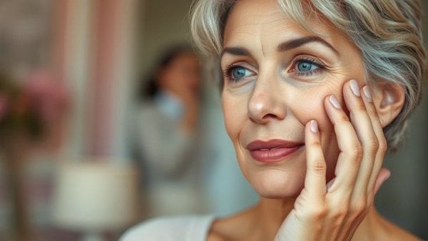 Middle-aged woman with subtle smile touching her lower face, addressing lower face sagging after 40.
