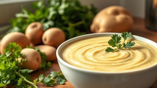 Creamy potato leek soup in a white bowl, garnished with parsley.