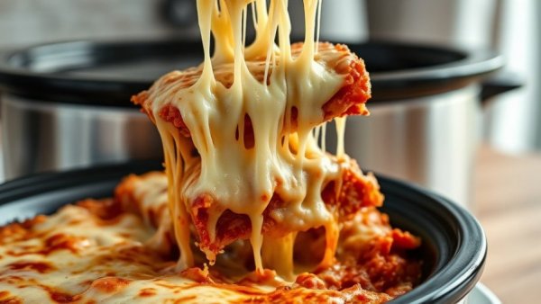 Cheesy high-protein slow cooker lasagna with gooey melted cheese strings.