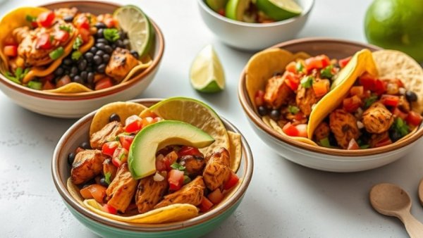 Healthy chicken taco bowls with vibrant ingredients, colorful meal.
