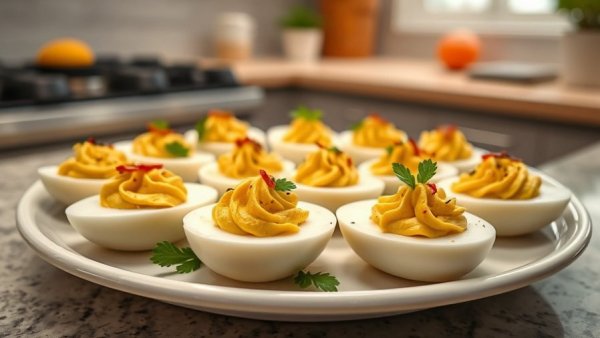 Healthy deviled eggs garnished with herbs and paprika.
