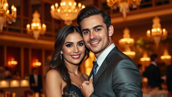 Elegant couple at a glamorous event with warm lights.