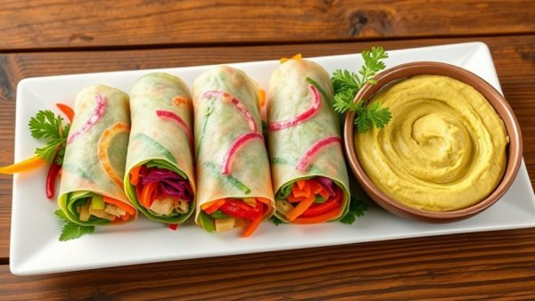 Vibrant rainbow spring rolls with colorful vegetables beside avocado hummus.