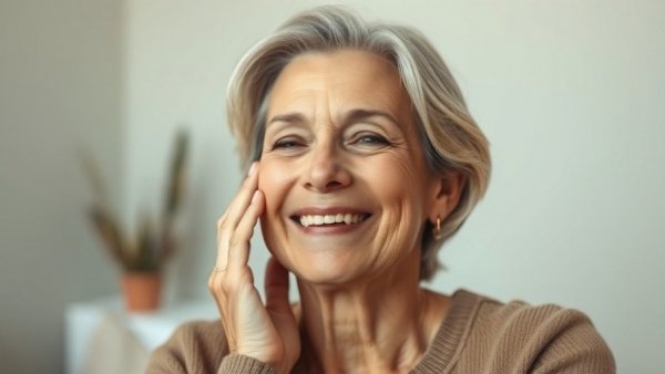 Middle-aged woman using natural skin tightening methods, looking radiant.