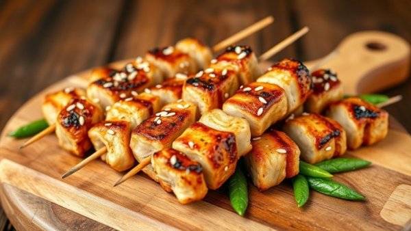 Chicken and snow pea skewers with sesame seeds and dipping sauce.