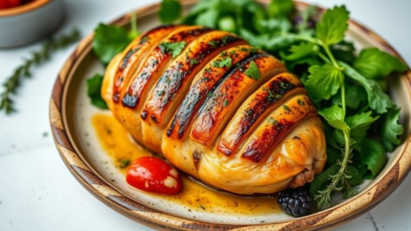 Hasselback chicken primavera on arugula, vibrant meal presentation.