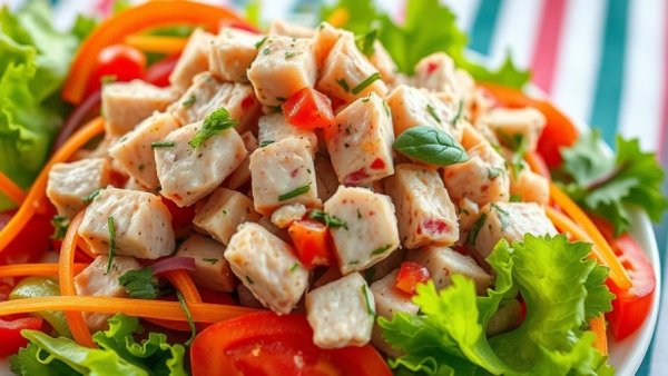 Healthy tuna salad with colorful vegetables in a bowl.