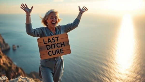 Joyful woman holding sign 'Last Ditch Cure', at-home fecal microbiota transplantation setting, cliffside.