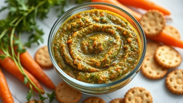 Carrot top pesto with carrots and crackers on rustic table.